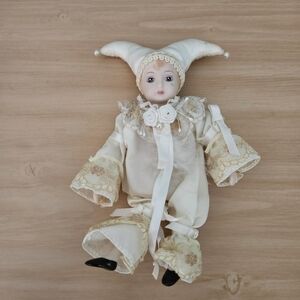 Clown Doll: Porcelain Jester Cream, White Gold